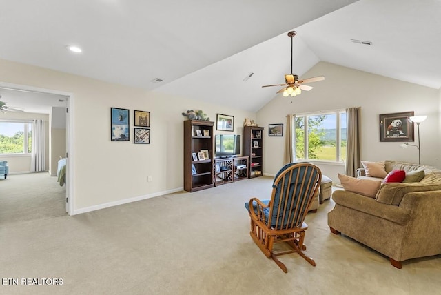 2091 Wesley Chapel Rd, Pikeville, TN 37367 - living area with a ceiling fan, lofted ceiling, light colored carpet, and recessed lighting