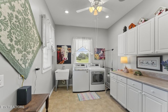 2091 Wesley Chapel Rd, Pikeville, TN 37367 - laundry area featuring washer and dryer, a ceiling fan, cabinet space, and recessed lighting