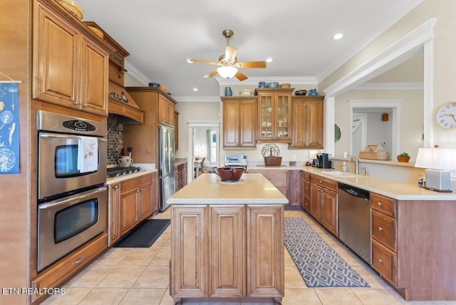 2091 Wesley Chapel Rd, Pikeville, TN 37367 - kitchen featuring stainless steel appliances, light tile patterned flooring, light countertops, brown cabinetry, and crown molding