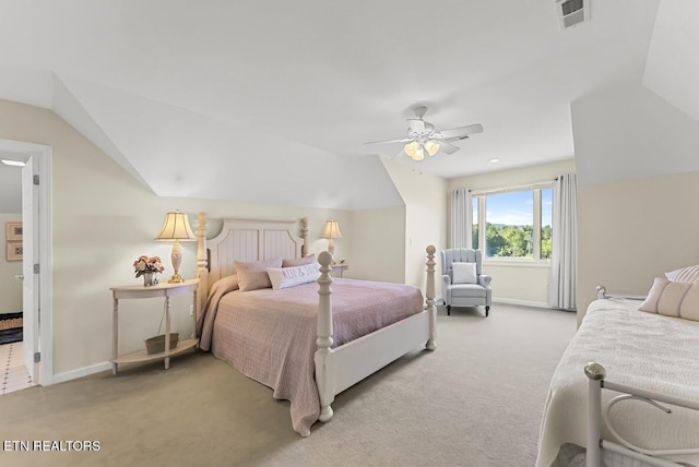 2091 Wesley Chapel Rd, Pikeville, TN 37367 - bedroom with light colored carpet, vaulted ceiling, and ceiling fan