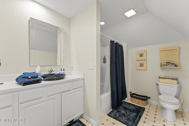 2091 Wesley Chapel Rd, Pikeville, TN 37367 - bathroom featuring double vanity, shower / bathtub combination with curtain, vaulted ceiling, and tile patterned floors