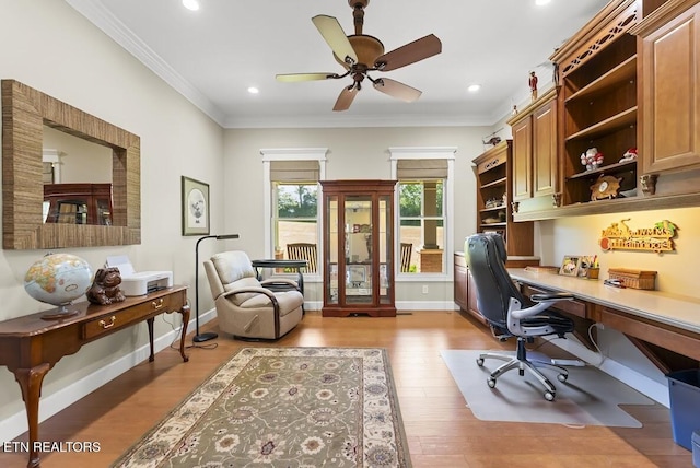 2091 Wesley Chapel Rd, Pikeville, TN 37367 - home office with built in study area, light wood-style flooring, ceiling fan, recessed lighting, and crown molding