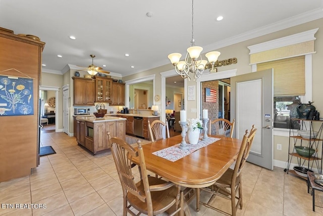 2091 Wesley Chapel Rd, Pikeville, TN 37367 - dining area featuring light tile patterned floors, a chandelier, a ceiling fan, crown molding, and recessed lighting
