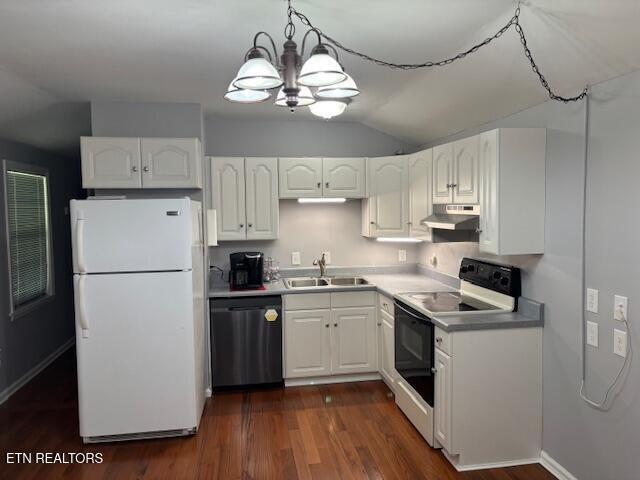 337 Bellview Rd, Pikeville, TN 37367 - kitchen featuring white appliances, under cabinet range hood, white cabinetry, a chandelier, and vaulted ceiling