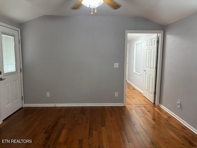337 Bellview Rd, Pikeville, TN 37367 - unfurnished room featuring vaulted ceiling, wood finished floors, and ceiling fan