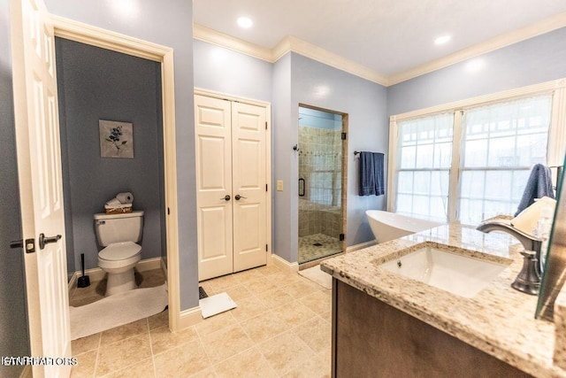 233 Nine Mile Cross Rd, Pikeville, TN 37367 - full bathroom with a stall shower, vanity, crown molding, and a freestanding bath