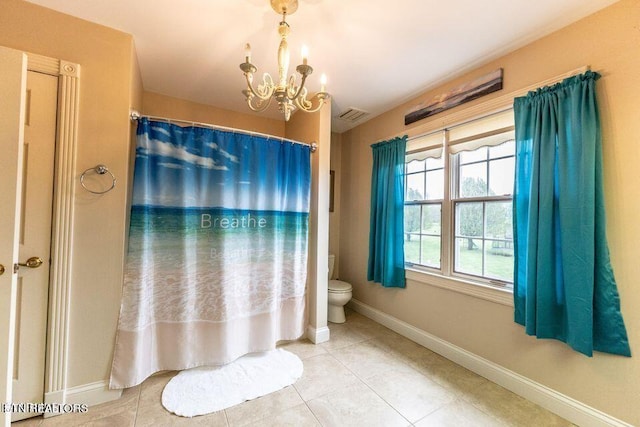 233 Nine Mile Cross Rd, Pikeville, TN 37367 - bathroom with a chandelier, tile patterned floors, and a shower with shower curtain