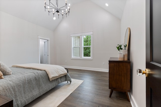 312 N Main St, Dickson, TN 37055 - bedroom with high vaulted ceiling, a chandelier, dark wood-type flooring, and recessed lighting