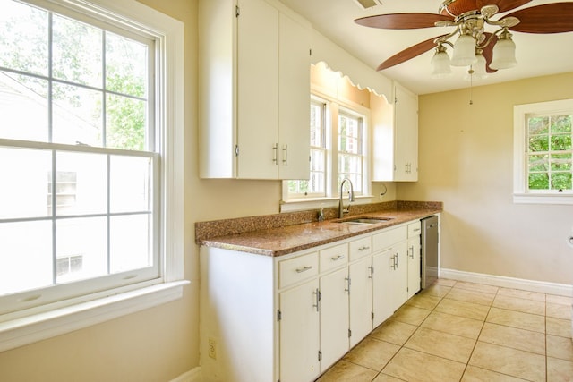1204 Rolling Fields Dr, Columbia, TN 38401 - kitchen featuring stainless steel dishwasher, white cabinetry, ceiling fan, and light tile patterned floors