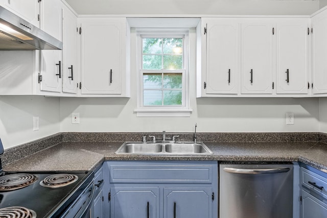 408 Eddy St, Oak Grove, KY 42262 - kitchen featuring stainless steel dishwasher, under cabinet range hood, black range with electric stovetop, dark countertops, and white cabinets
