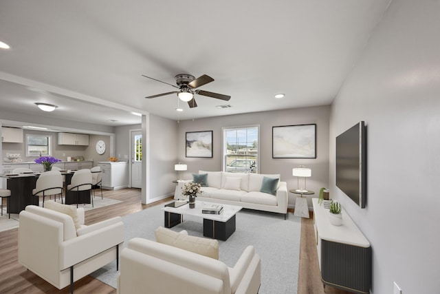 102 Hodges St N, Cowan, TN 37318 - living room featuring healthy amount of natural light, light wood-style flooring, recessed lighting, and ceiling fan