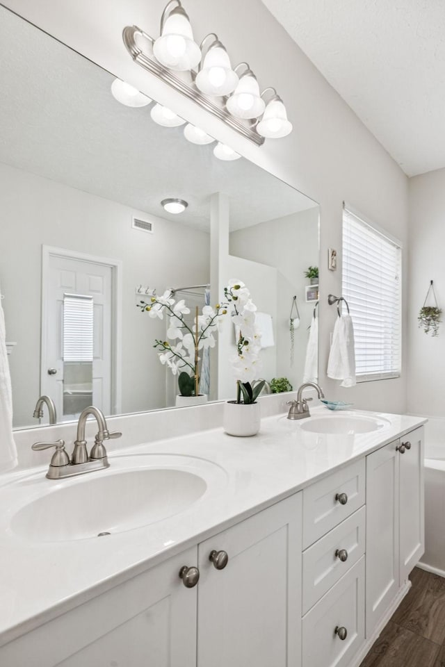 1443 Bern Dr, Spring Hill, TN 37174 - bathroom featuring double vanity, plenty of natural light, wood finished floors, and a tub to relax in