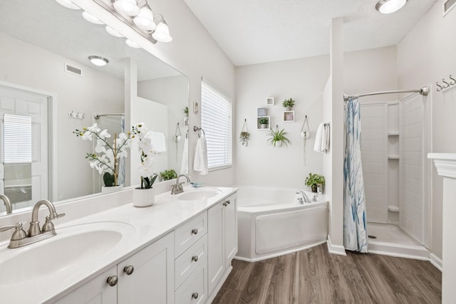1443 Bern Dr, Spring Hill, TN 37174 - bathroom featuring a stall shower, wood finished floors, a bath, and double vanity