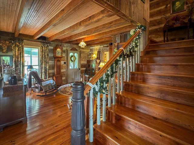 4929 Snow Creek Rd, Santa Fe, TN 38482 - stairs with a wood ceiling with exposed beams, wood finished floors, and wood walls