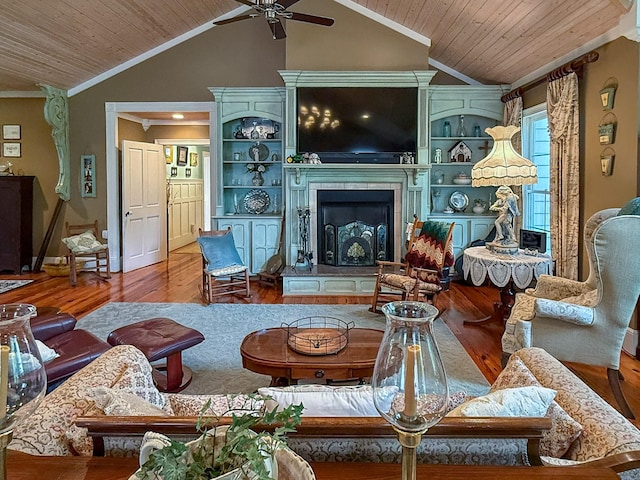 4929 Snow Creek Rd, Santa Fe, TN 38482 - living room featuring ceiling fan, lofted ceiling, crown molding, wood finished floors, and wood ceiling