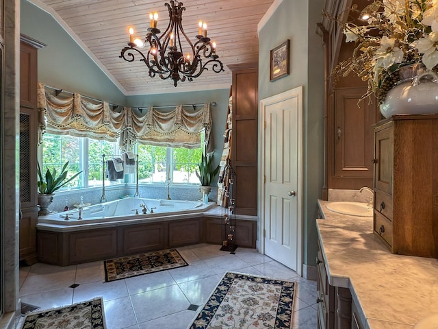 4929 Snow Creek Rd, Santa Fe, TN 38482 - bathroom with wooden ceiling, lofted ceiling, vanity, a bath, and a chandelier