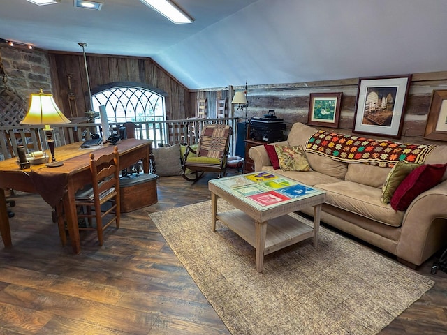 4929 Snow Creek Rd, Santa Fe, TN 38482 - living room with vaulted ceiling, wood finished floors, and wooden walls