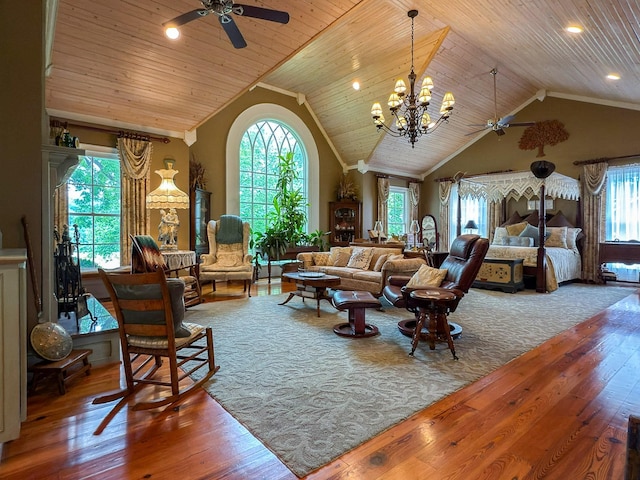 4929 Snow Creek Rd, Santa Fe, TN 38482 - living area featuring a ceiling fan, hardwood / wood-style floors, high vaulted ceiling, wood ceiling, and a chandelier