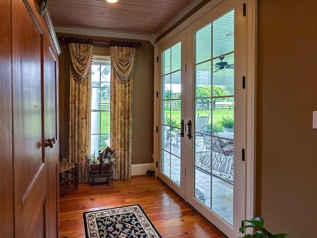 4929 Snow Creek Rd, Santa Fe, TN 38482 - entryway with wood ceiling, light wood-type flooring, french doors, ornamental molding, and ceiling fan