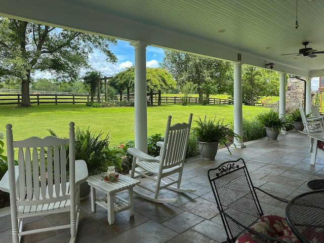 4929 Snow Creek Rd, Santa Fe, TN 38482 - fenced backyard with a ceiling fan and a patio