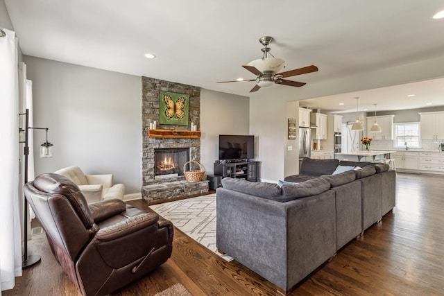 5077 Joe Peay Rd, Spring Hill, TN 37174 - living area with ceiling fan, dark wood-type flooring, a fireplace, and recessed lighting