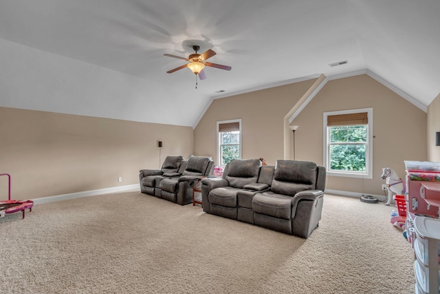 1051 Fitzroy Cir, Spring Hill, TN 37174 - home theater with carpet flooring, a ceiling fan, vaulted ceiling, and healthy amount of natural light