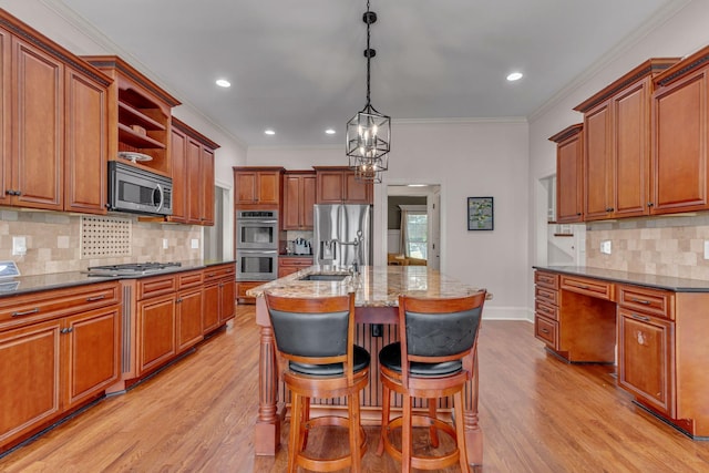1051 Fitzroy Cir, Spring Hill, TN 37174 - kitchen featuring appliances with stainless steel finishes, open shelves, decorative backsplash, light wood-style flooring, and ornamental molding