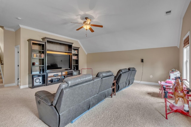 1051 Fitzroy Cir, Spring Hill, TN 37174 - carpeted living room with a ceiling fan, lofted ceiling, and crown molding