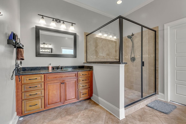 1051 Fitzroy Cir, Spring Hill, TN 37174 - full bathroom with vanity, a stall shower, tile patterned floors, and crown molding
