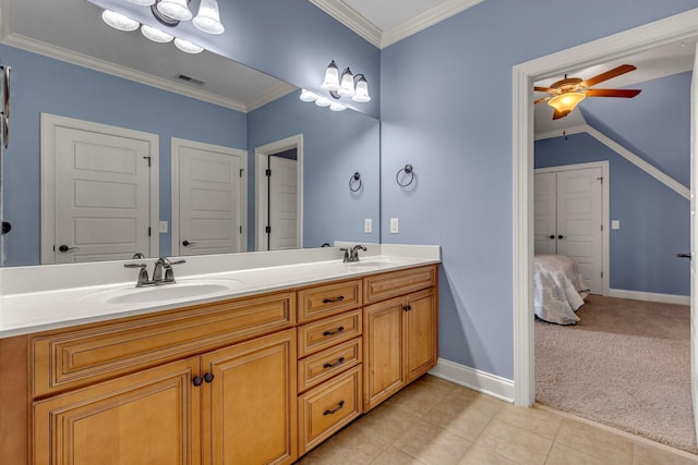 1051 Fitzroy Cir, Spring Hill, TN 37174 - bathroom with double vanity, ceiling fan, tile patterned flooring, crown molding, and ensuite bathroom