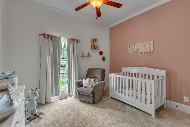 1051 Fitzroy Cir, Spring Hill, TN 37174 - carpeted bedroom featuring multiple windows, ornamental molding, a crib, and a ceiling fan