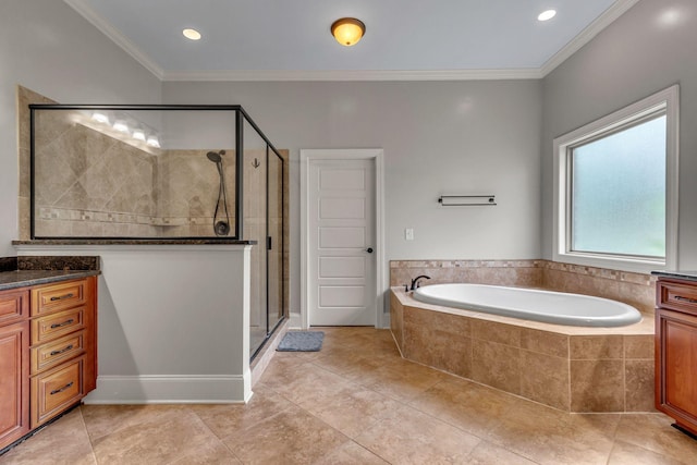 1051 Fitzroy Cir, Spring Hill, TN 37174 - full bath featuring a bath, a shower stall, vanity, crown molding, and tile patterned floors