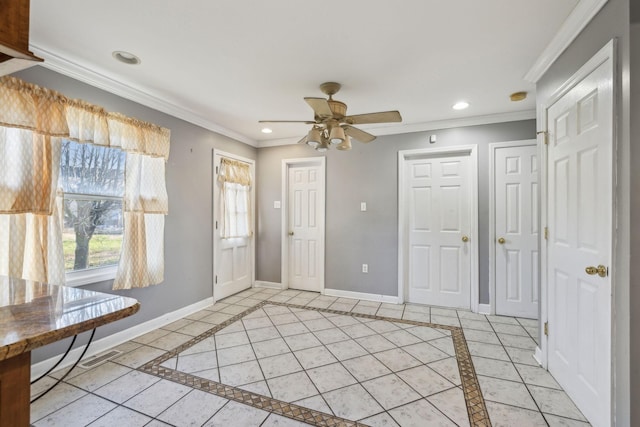 519 Hemingway Dr, Columbia, TN 38401 - entrance foyer with inlaid floor details, crown molding, recessed lighting, ceiling fan, and light tile patterned flooring