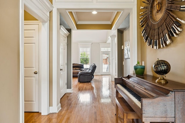 3002 Stow Xing, Murfreesboro, TN 37128 - hall featuring light wood-style floors, ornamental molding, ornate columns, and a raised ceiling