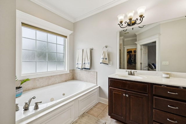3002 Stow Xing, Murfreesboro, TN 37128 - bathroom with vanity, a tub with jets, crown molding, tile patterned flooring, and a chandelier