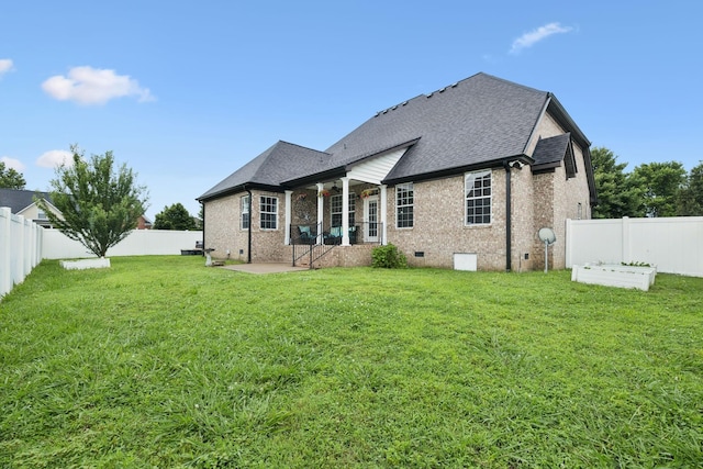 3002 Stow Xing, Murfreesboro, TN 37128 - back of property featuring crawl space, a fenced backyard, brick siding, a shingled roof, and a patio area