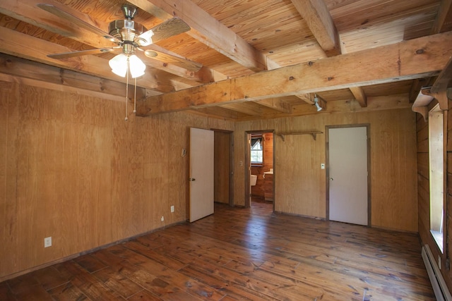 1530 Roy Brown Rd, Burns, TN 37029 - spare room with baseboard heating, wood walls, hardwood / wood-style floors, ceiling fan, and a wooden ceiling with exposed beams