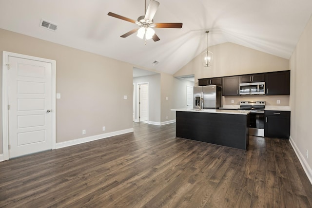 130 Alabama Ave, Oak Grove, KY 42262 - kitchen featuring stainless steel appliances, ceiling fan, light countertops, decorative light fixtures, and dark wood-type flooring