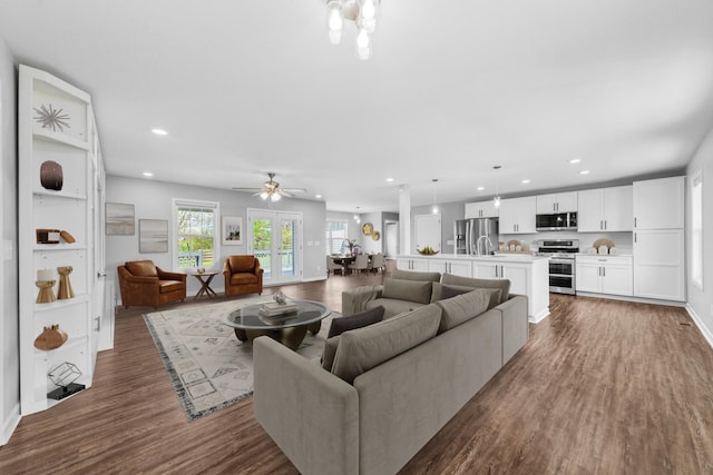 369 Springwater Dr, Summertown, TN 38483 - living room with recessed lighting, dark wood-style floors, and ceiling fan