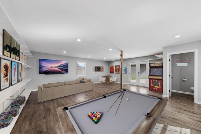 369 Springwater Dr, Summertown, TN 38483 - rec room with french doors, wood finished floors, pool table, and recessed lighting