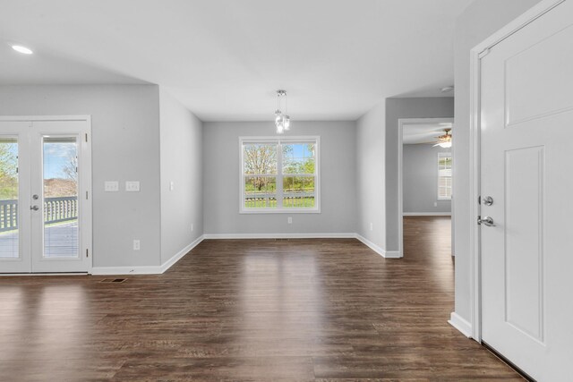 369 Springwater Dr, Summertown, TN 38483 - unfurnished dining area featuring dark wood-style floors, french doors, and ceiling fan