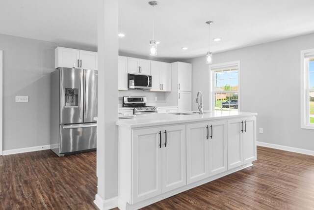 369 Springwater Dr, Summertown, TN 38483 - kitchen with stainless steel appliances, dark wood finished floors, white cabinetry, recessed lighting, and light countertops