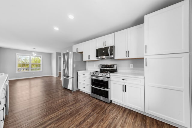 369 Springwater Dr, Summertown, TN 38483 - kitchen featuring appliances with stainless steel finishes, dark wood-style floors, light countertops, white cabinets, and recessed lighting