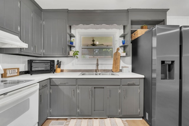 1827 Shelley St, Murfreesboro, TN 37129 - kitchen featuring stainless steel fridge with ice dispenser, open shelves, white electric range oven, gray cabinets, and tasteful backsplash