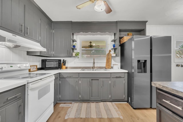 1827 Shelley St, Murfreesboro, TN 37129 - kitchen featuring white electric range, stainless steel fridge, ceiling fan, and under cabinet range hood