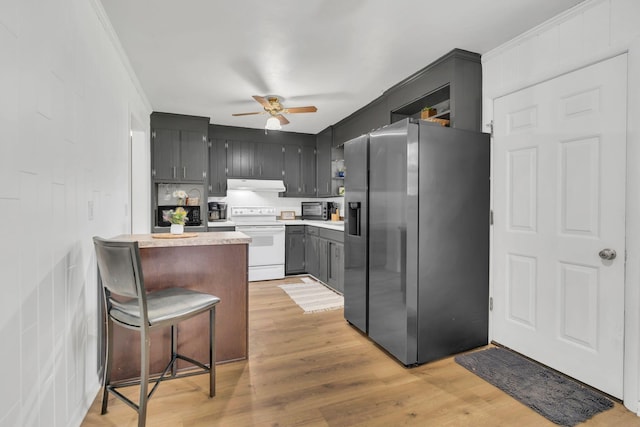 1827 Shelley St, Murfreesboro, TN 37129 - kitchen with stainless steel refrigerator with ice dispenser, white range with electric stovetop, under cabinet range hood, ceiling fan, and light wood-style floors