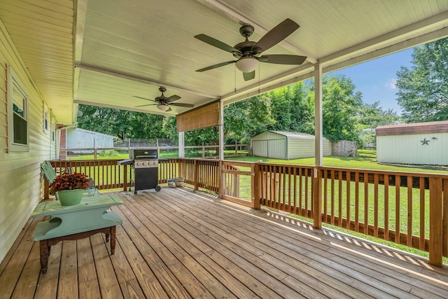1827 Shelley St, Murfreesboro, TN 37129 - deck with a storage unit, ceiling fan, a fenced backyard, and area for grilling