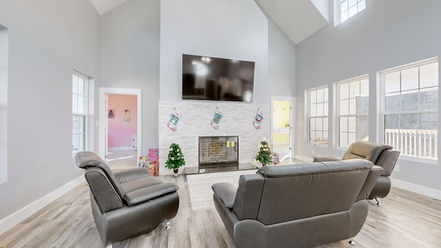 3310 Rocky Branch Rd, Watertown, TN 37184 - living room featuring high vaulted ceiling, wood finished floors, and a stone fireplace