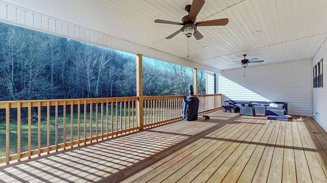 3310 Rocky Branch Rd, Watertown, TN 37184 - wooden deck featuring a ceiling fan and a lawn
