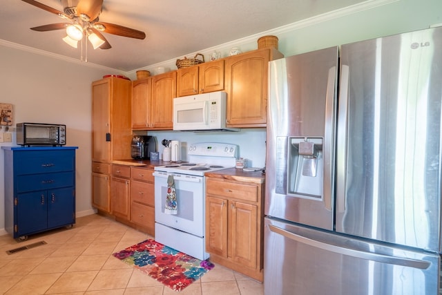 502 Budd St, Saint Joseph, TN 38481 - kitchen with white appliances, ornamental molding, light tile patterned floors, and ceiling fan